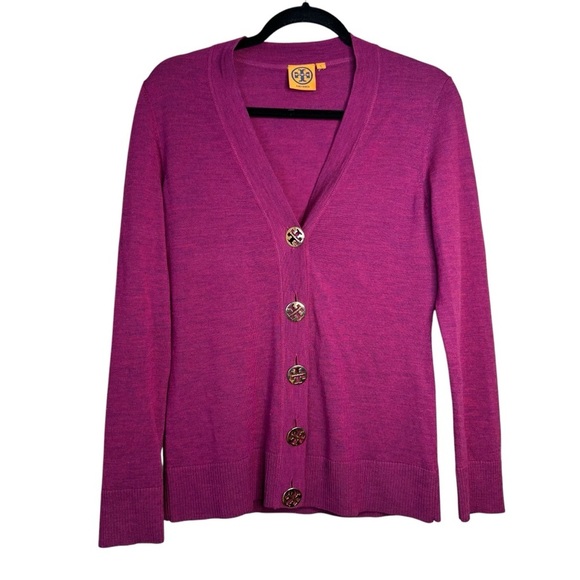 Tory Burch Simone Gold Button Front Merino Wool Cardigan in Purple - Size S - Picture 1 of 7